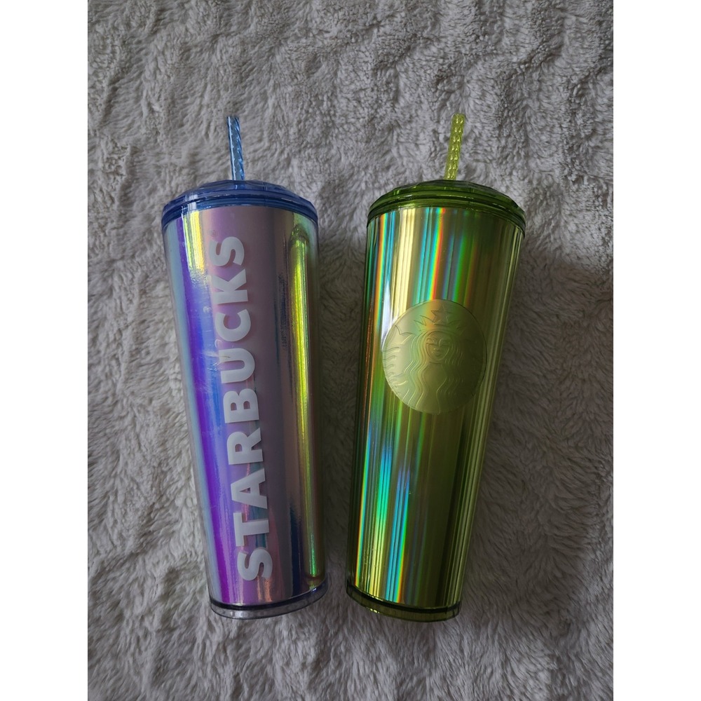 Starbucks Iridescent Hologram Dome And Lime Green Dome Venti 24 Fl Oz Cold Cup